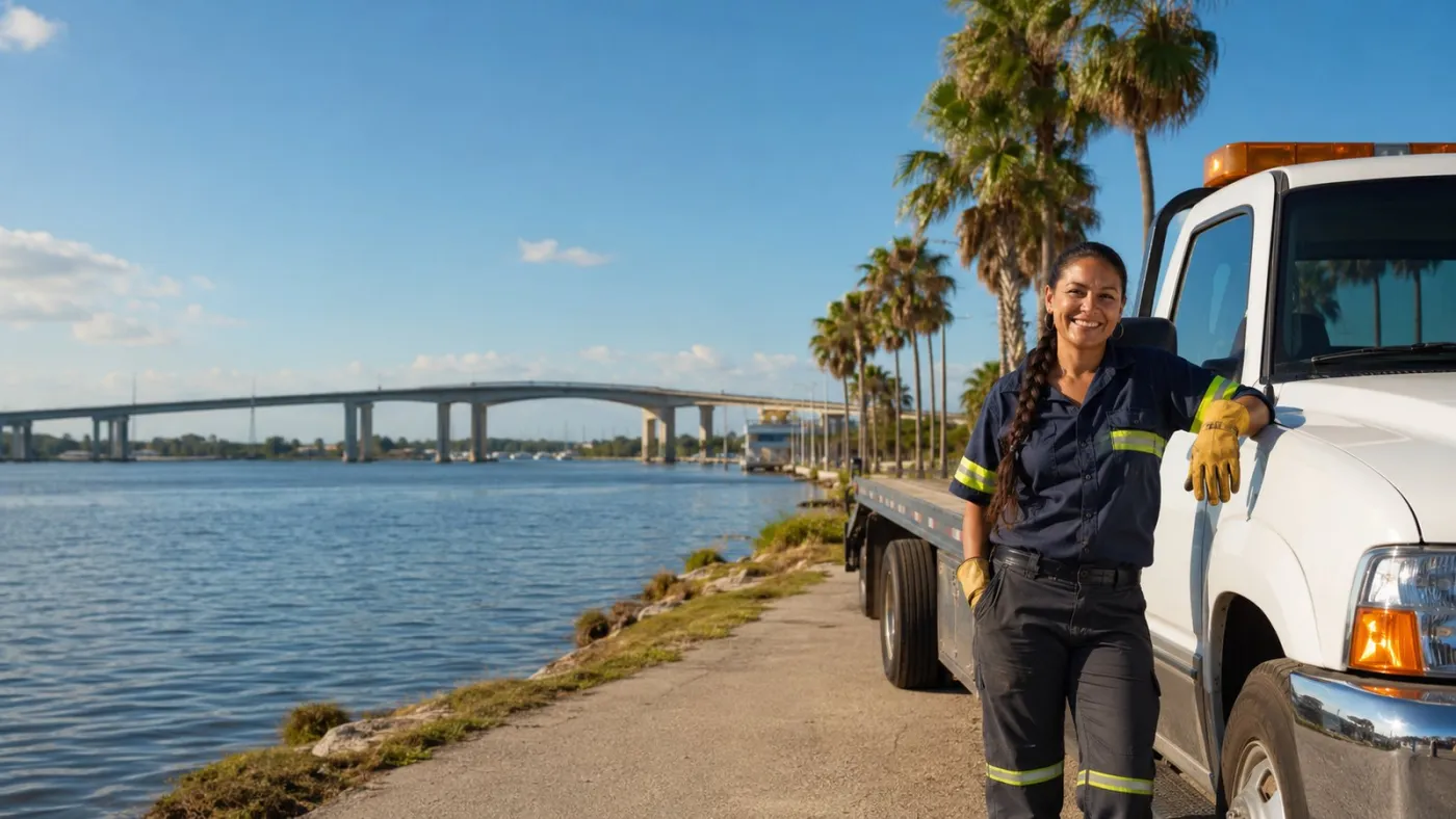 Smiling female tow truck driver with a flatbed truck by the Granada Bridge over the Halifax River in Ormond Beach, Florida